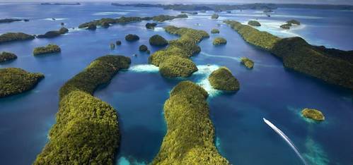 Aerial view of the Rock Islands and coral seascape at the Republic of Palau. [Photo credit: The Nature Conservancy]