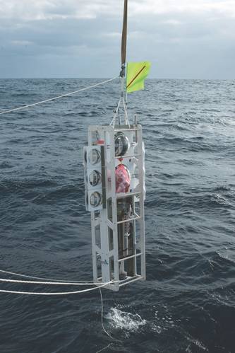 Figure 1: The Chilean benthic lander Audacia is lowered into the sea at the start of its third, and record setting dive, to 8,081m in the Atacama Trench. (Image: Courtesy Kevin Hardy and Atacamex 2018)