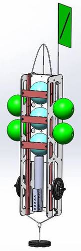 Figure 3. The Global Ocean Design Nanolander can be fitted with side pods (left) that carry additional 10-inch spheres for flotation or payload, or simply fitted with auxiliary buoyancy (right), in this example trawl floats with center holes used to secure them to the frame. Auxiliary flotation is always added equally to both sides, 2 on each side shown here. A bottom grab may require additional buoyancy to lift a sample. Rocks and sediment have a specific gravity of 2.7, so they lose more t