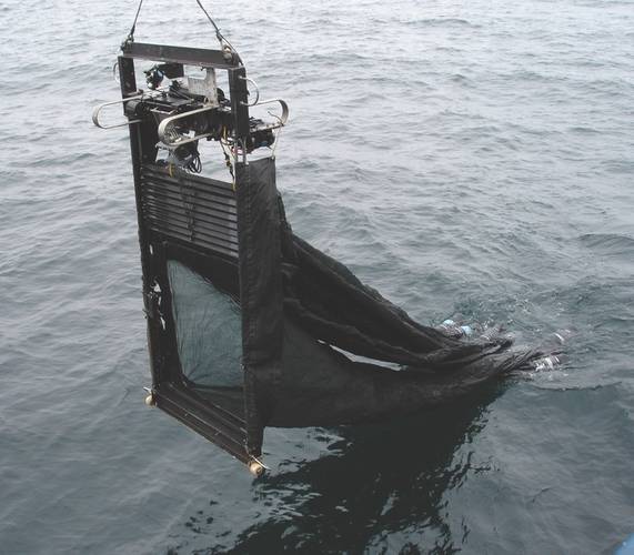 Figure 3: The Mocness with multiple plankton nets for sampling at discrete depths. Sea-Bird environmental sensing instruments are located on the top of the large steel frame. (Image: Courtesy Kevin Hardy and Atacamex 2018)
