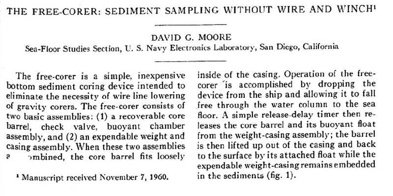 Figure 4. The Moore Corer. (Photo credit: “The Free-Corer: Sediment Sampling Without Winch and Wire,” David G. Moore, Journal of Sedimentary Petrology, Vol 31 (4):627-630, 1961.)