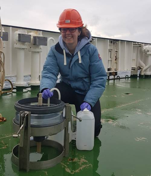 NOC scientist Chelsey Baker during the DY111 CUSTARD expedition, 2019-2020 (Credit: NOC)