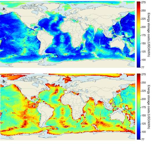 World potential of BEST with (a) air and (b) hydrogen as the storage medium. The greater the depth, the higher the BEST potential. Image courtesy IIASA/© Julian David Hunt, Behnam Zakeri, Alexandre Giulietti de Barros, Walter Leal Filho, Augusto Delavald Marques, Paulo Sérgio Franco Barbosa, Paulo Smith Schneider, "Buoyancy Energy Storage Technology: an energy storage solution for islands, coastal regions, offshore wind power and hydrogen compression." Journal of Energy Storage, Volume 40, 2, A